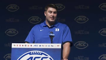 Jul 20, 2015; Pinehurst, NC, USA; Duke Blue Devils player Matt Skura speaks to the media during the ACC football kickoff at Pinehurst Resort. Mandatory Credit: Jeremy Brevard-USA TODAY Sports
