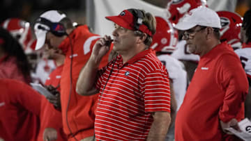 Oct 1, 2022; Columbia, Missouri, USA; Georgia Bulldogs head coach Kirby Smart watches play against the Missouri Tigers during the first half at Faurot Field at Memorial Stadium. Mandatory Credit: Denny Medley-USA TODAY Sports