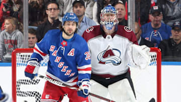 NEW YORK, NY - OCTOBER 16: Mats Zuccarello #36 of the New York Rangers skates against Semyon Varlamov #1 of the Colorado Avalanche at Madison Square Garden on October 16, 2018 in New York City. The New York Rangers won 3-2 in a shootout. (Photo by Jared Silber/NHLI via Getty Images)