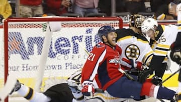 Nov 5, 2015; Washington, DC, USA; Washington Capitals center Brooks Laich (21) celebrates after scoring a goal on Boston Bruins goalie Tuukka Rask (40) in the second period at Verizon Center. Mandatory Credit: Geoff Burke-USA TODAY Sports