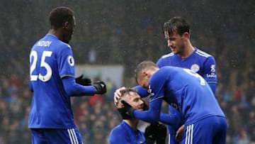 BURNLEY, ENGLAND - MARCH 16: James Maddison of Leicester City celebrates after scoring his team's first goal with Jamie Vardy of Leicester City, Ben Chilwell of Leicester City and Onyinye Wilfred Ndidi of Leicester City during the Premier League match between Burnley FC and Leicester City at Turf Moor on March 16, 2019 in Burnley, United Kingdom. (Photo by Jan Kruger/Getty Images)