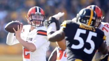 Nov 15, 2015; Pittsburgh, PA, USA; Cleveland Browns quarterback Johnny Manziel (2) looks to pass against the Pittsburgh Steelers during the first quarter at Heinz Field. Mandatory Credit: Charles LeClaire-USA TODAY Sports