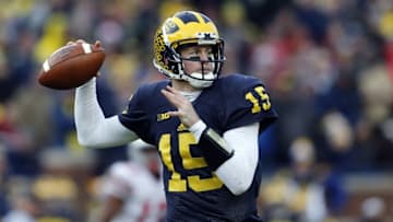 Nov 28, 2015; Ann Arbor, MI, USA; Michigan Wolverines quarterback Jake Rudock (15) throws the ball in the second half against the Ohio State Buckeyes at Michigan Stadium. Mandatory Credit: Rick Osentoski-USA TODAY Sports