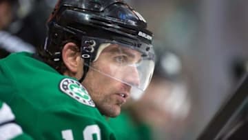 Oct 29, 2015; Dallas, TX, USA; Dallas Stars left wing Patrick Sharp (10) watches his team take on the Vancouver Canucks during the third period at the American Airlines Center. Sharp scores two goals. The Stars defeat the Canucks 4-3 in overtime. Mandatory Credit: Jerome Miron-USA TODAY Sports