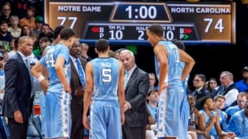 Feb 6, 2016; South Bend, IN, USA; North Carolina Tar Heels head coach Roy Williams talks to his players during a time out in the second half against the Notre Dame Fighting Irish at the Purcell Pavilion. Notre Dame won 80-76. Mandatory Credit: Matt Cashore-USA TODAY Sports