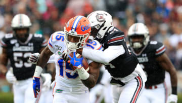 COLUMBIA, SOUTH CAROLINA - OCTOBER 19: Jacob Copeland #15 of the Florida Gators makes a catch against Israel Mukuamu #24 of the South Carolina Gamecocks during their game at Williams-Brice Stadium on October 19, 2019 in Columbia, South Carolina. (Photo by Streeter Lecka/Getty Images)