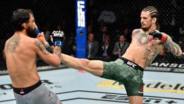 LAS VEGAS, NEVADA - MARCH 07: Sean O'Malley kicks Jose Quinonez in their bantamweight fight during the UFC 248 event at T-Mobile Arena on March 07, 2020 in Las Vegas, Nevada. (Photo by Jeff Bottari/Zuffa LLC)