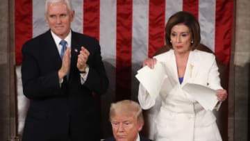 WASHINGTON, DC - FEBRUARY 04: House Speaker Rep. Nancy Pelosi (D-CA) rips up pages of the State of the Union speech after U.S. President Donald Trump finishes his State of the Union speech in the chamber of the U.S. House of Representatives on February 04, 2020 in Washington, DC. President Trump delivers his third State of the Union to the nation the night before the U.S. Senate is set to vote in his impeachment trial. (Photo by Mark Wilson/Getty Images)