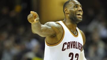Feb 8, 2016; Cleveland, OH, USA; Cleveland Cavaliers forward LeBron James (23) reacts in the third quarter against the Sacramento Kings at Quicken Loans Arena. Mandatory Credit: David Richard-USA TODAY Sports