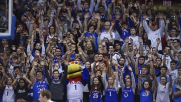 LAWRENCE, KANSAS - NOVEMBER 19: The Kansas Jayhawks mascot and fans cheer on the Kansas Jayhawks against East Tennessee State Buccaneers at Allen Fieldhouse on November 19, 2019 in Lawrence, Kansas. (Photo by Ed Zurga/Getty Images)