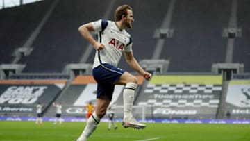 LONDON, ENGLAND - FEBRUARY 07: Harry Kane of Tottenham Hotspur celebrates after scoring their side's first goal during the Premier League match between Tottenham Hotspur and West Bromwich Albion at Tottenham Hotspur Stadium on February 07, 2021 in London, England. (Photo by Matt Dunham - Pool/Getty Images)