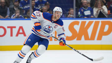 VANCOUVER, CANADA - OCTOBER 11: Connor McDavid #97 of the Edmonton Oilers skates up ice during the first period of their NHL game against the Vancouver Canucks at Rogers Arena on October 11, 2023 in Vancouver, British Columbia, Canada. (Photo by Derek Cain/Getty Images)