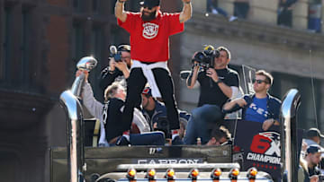 BOSTON, MASSACHUSETTS - FEBRUARY 05: (EDITOR'S NOTE: Alternate crop.) Julian Edelman #11 of the New England Patriots celebrates on Cambridge street during the New England Patriots Victory Parade on February 05, 2019 in Boston, Massachusetts. (Photo by Maddie Meyer/Getty Images)