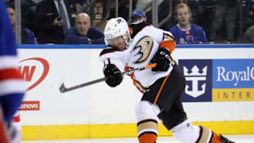 NEW YORK, NEW YORK - DECEMBER 22: Daniel Sprong #11 of the Anaheim Ducks takes the third period shot against the New York Rangers at Madison Square Garden on December 22, 2019 in New York City. The Rangers defeated the Ducks 5-1. (Photo by Bruce Bennett/Getty Images)