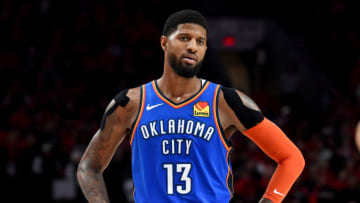 PORTLAND, OR - APRIL 16: Paul George #13 of the Oklahoma City Thunder reacts to an officials call during the second half of Game Two of the Western Conference quarterfinals against the Portland Trail Blazers during the 2019 NBA Playoffs Moda Center on April 16, 2019 in Portland, Oregon. The Blazers won 114-94. NOTE TO USER: User expressly acknowledges and agrees that, by downloading and or using this photograph, User is consenting to the terms and conditions of the Getty Images License Agreement. (Photo by Steve Dykes/Getty Images) (Photo by Steve Dykes/Getty Images)