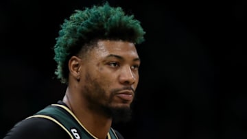 MASSACHUSETTS - MAY 09: Marcus Smart #36 of the Boston Celtics looks on during the first quarter of game five of the Eastern Conference Second Round Playoffs against the Philadelphia 76ers at TD Garden on May 09, 2023 in Boston, Massachusetts. NOTE TO USER: User expressly acknowledges and agrees that, by downloading and or using this photograph, User is consenting to the terms and conditions of the Getty Images License Agreement. (Photo by Maddie Meyer/Getty Images)