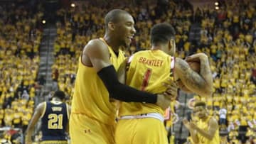 Feb 21, 2016; College Park, MD, USA; Maryland Terrapins guard Rasheed Sulaimon (0) and guard Jaylen Brantley (1) celebrate after defeating the Michigan Wolverines 86-82 at Xfinity Center. Mandatory Credit: Tommy Gilligan-USA TODAY Sports