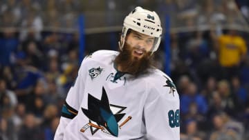 May 15, 2016; St. Louis, MO, USA; San Jose Sharks defenseman Brent Burns (88) looks on in the game against the St. Louis Blues during the first period in game one of the Western Conference Final of the 2016 Stanley Cup Playoffs at Scottrade Center. Mandatory Credit: Jasen Vinlove-USA TODAY Sports