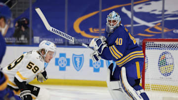 Mar 13, 2021; Buffalo, New York, USA; Buffalo Sabres goaltender Carter Hutton (40) clears the puck during the first period against the Pittsburgh Penguins at KeyBank Center. Mandatory Credit: Timothy T. Ludwig-USA TODAY Sports