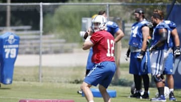 Aug 2, 2015; Anderson, IN, USA; Indianapolis Colts quarterback Andrew Luck (12) throws a pass during training camp at Anderson University. Mandatory Credit: Brian Spurlock-USA TODAY Sports