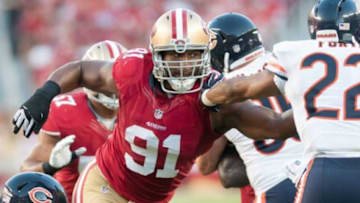 Sep 14, 2014; Santa Clara, CA, USA; San Francisco 49ers defensive end Ray McDonald (91) attempts to tackle Chicago Bears running back Matt Forte (22) during the second quarter at Levi