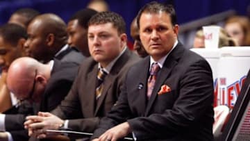 Mar 8, 2014; St. Louis, MO, USA; Wichita State Shockers assistant coaches Chris Jans and Greg Heiar watch from the sidelines during the first half against the Missouri State Bears at Scotttrade Center. Wichita won 67-42. Mandatory Credit: Scott Kane-USA TODAY Sports