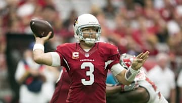 Sep 18, 2016; Glendale, AZ, USA; Arizona Cardinals quarterback Carson Palmer (3) passes against the Tampa Bay Buccaneers during the second quarter at University of Phoenix Stadium. Mandatory Credit: Jerome Miron-USA TODAY Sports
