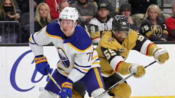 LAS VEGAS, NEVADA - FEBRUARY 01: Victor Olofsson #71 of the Buffalo Sabres skates with the puck against Keegan Kolesar #55 of the Vegas Golden Knights in the third period of their game at T-Mobile Arena on February 1, 2022 in Las Vegas, Nevada. The Golden Knights defeated the Sabres 5-2. (Photo by Ethan Miller/Getty Images)