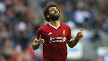 WIGAN, ENGLAND - JULY 14: Mohamed Salah of Liverpool celebrates after scoring their first goal during the pre-season friendly match between Wigan Athletic and Liverpool at DW Stadium on July 14, 2017 in Wigan, England. (Photo by Alex Livesey/Getty Images)
