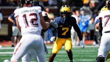 Michigan defensive back Makari Paige (7) looks on vs. Northern Illinois during the second half at Michigan Stadium in Ann Arbor on Saturday, Sept. 18, 2021.