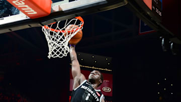 ATLANTA, GA - FEBRUARY 22: Reggie Jackson #1 of the Detroit Pistons dunks against the Atlanta Hawks on February 22, 2019 at State Farm Arena in Atlanta, Georgia. NOTE TO USER: User expressly acknowledges and agrees that, by downloading and/or using this Photograph, user is consenting to the terms and conditions of the Getty Images License Agreement. Mandatory Copyright Notice: Copyright 2019 NBAE (Photo by Scott Cunningham/NBAE via Getty Images)