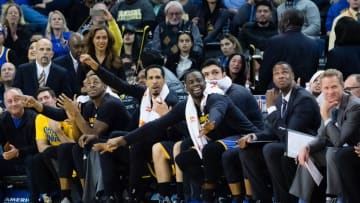 Dec 17, 2016; Oakland, CA, USA; Golden State Warriors bench follow the play on the sideline during the fourth quarter against the Portland Trail Blazers at Oracle Arena. The Golden State Warriors defeated the Portland Trail Blazers 135-90. Mandatory Credit: Kelley L Cox-USA TODAY Sports