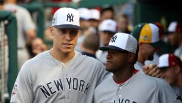 WASHINGTON, DC - JULY 17: Aaron Judge #99 of the New York Yankees and the American League and Luis Severino #40 of the New York Yankees and the American League look on during the 89th MLB All-Star Game, presented by Mastercard at Nationals Park on July 17, 2018 in Washington, DC. (Photo by Rob Carr/Getty Images)