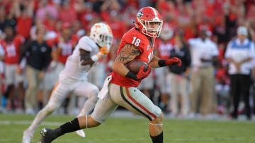 Oct 1, 2016; Athens, GA, USA; Georgia Bulldogs tight end Isaac Nauta (18) runs for a touchdown after catching a pass against the Tennessee Volunteers during the second half at Sanford Stadium. Tennessee defeated Georgia 34-31. Mandatory Credit: Dale Zanine-USA TODAY Sports