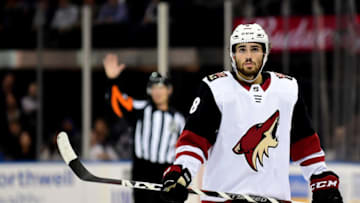 NEW YORK, NEW YORK - OCTOBER 22: Nick Schmaltz #8 of the Arizona Coyotes looks on during their game against the New York Rangers at Madison Square Garden on October 22, 2019 in New York City. (Photo by Emilee Chinn/Getty Images)