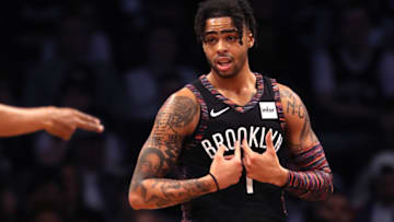 NEW YORK, NEW YORK - APRIL 18: D'Angelo Russell #1 of the Brooklyn Nets reacts after a call in the second quarter against the Philadelphia 76ers during game three of Round One of the 2019 NBA Playoffs at Barclays Center on April 18, 2019 in the Brooklyn borough of New York City. NOTE TO USER: User expressly acknowledges and agrees that, by downloading and or using this photograph, User is consenting to the terms and conditions of the Getty Images License Agreement. (Photo by Elsa/Getty Images)
