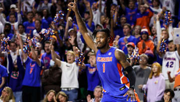 GAINESVILLE, FLORIDA - JANUARY 05: CJ Felder #1 of the Florida Gators celebrates after making a shot during the second half of a game against the Alabama Crimson Tide at the Stephen C. O'Connell Center on January 05, 2022 in Gainesville, Florida. (Photo by James Gilbert/Getty Images)