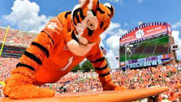CLEMSON, SC - SEPTEMBER 01: The Clemson Tiger mascot does pushups after the Tigers scored a touchdown in the third quarter of their game against the Furman Paladins at Clemson Memorial Stadium on September 1, 2018 in Clemson, South Carolina. (Photo by Mike Comer/Getty Images)