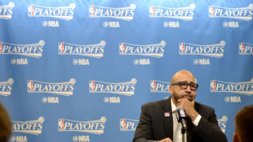 SAN ANTONIO, TX - APRIL 15: David Fizdale of the Memphis Grizzlies talks to the media after the game against the San Antonio Spurs in Game One of Round One during the 2017 NBA Playoffs on April 15, 2017 at the AT