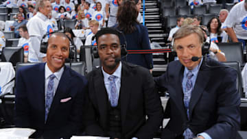 OKLAHOMA CITY, OK- MAY 24: Reggie Miller, Chris Webber and Marv Albert pose for a photo before they announce Game Four of the Western Conference Finals between the Golden State Warriors and the Oklahoma City Thunder during the 2016 NBA Playoffs on May 24, 2016 at Chesapeake Energy Arena in Oklahoma City, Oklahoma. NOTE TO USER: User expressly acknowledges and agrees that, by downloading and or using this photograph, User is consenting to the terms and conditions of the Getty Images License Agreement. Mandatory Copyright Notice: Copyright 2016 NBAE (Photo by Andrew D. Bernstein/NBAE via Getty Images)