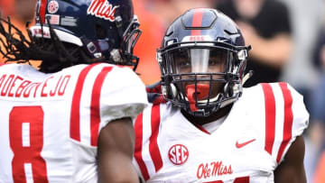 Oct 31, 2015; Auburn, AL, USA; Mississippi Rebels running back Akeem Judd (21) after scoring a touchdown against the Auburn Tigers at Jordan Hare Stadium. Mandatory Credit: Garrett Reid-USA TODAY Sports