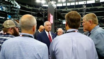 Jul 14, 2021; Arlington, TX, USA; Big 12 Commissioner Bob Bowlsby speaks to the media during Big 12 media days at AT&T Stadium. Mandatory Credit: Kevin Jairaj-USA TODAY Sports