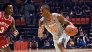 Feb 25, 2016; Champaign, IL, USA; Illinois Fighting Illini guard Malcolm Hill (21) drives to the basket defended by Indiana Hoosiers forward OG Anunoby (3) during the first half at State Farm Center. Mandatory Credit: Mike Granse-USA TODAY Sports