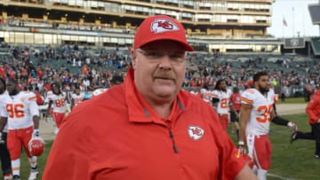 Dec 15, 2013; Oakland, CA, USA; Kansas City Chiefs coach Andy Reid reacts at the end of the game against the Oakland Raiders at O.co Coliseum. The Chiefs defeated the Raiders 56-31. Mandatory Credit: Kirby Lee-USA TODAY Sports