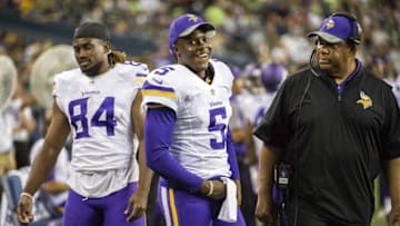 Aug 18, 2016; Seattle, WA, USA; Minnesota Vikings quarterback Teddy Bridgewater (5) walks the sidelines during the fourth quarter during a preseason game against the Seattle Seahawks at CenturyLink Field. The Vikings won 18-11. Mandatory Credit: Troy Wayrynen-USA TODAY Sports