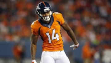 Aug 7, 2014; Denver, CO, USA; Denver Broncos wide receiver Cody Latimer (14) during the second half against the Seattle Seahawks at Sports Authority Field at Mile High. The Broncos won 21-16. Mandatory Credit: Chris Humphreys-USA TODAY Sports