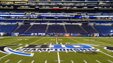 Dec 5, 2015; Indianapolis, IN, USA; General view of the logo on the field prior to the game between the Michigan State Spartans and the Iowa Hawkeyes in the Big Ten Conference football championship at Lucas Oil Stadium. Mandatory Credit: Shanna Lockwood-USA TODAY Sports