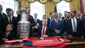 WASHINGTON, DC - MARCH 25 : President Donald J. Trump participates in a photo opportunity with the 2018 Stanley Cup Champions: the Washington Capitals in the Oval Office at the White House on Monday, March 25, 2019 in Washington, DC. (Photo by Jabin Botsford/The Washington Post via Getty Images)