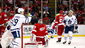DETROIT, MI - JANUARY 25: Petr Mrazek #34 of the Detroit Red Wings reacts to a second period goal between William Nylander #29 and Tyler Bozak #42 of the Toronto Maple Leafs at Joe Louis Arena on January 25, 2017 in Detroit, Michigan. (Photo by Gregory Shamus/Getty Images)