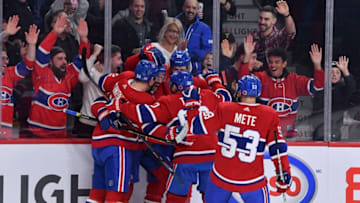 MONTREAL, QC - NOVEMBER 9: Nate Thompson #44 of the Montreal Canadiens celebrates with teammates after scoring a goal against the Los Angeles Kings in the NHL game at the Bell Centre on November 9, 2019 in Montreal, Quebec, Canada. (Photo by Francois Lacasse/NHLI via Getty Images)